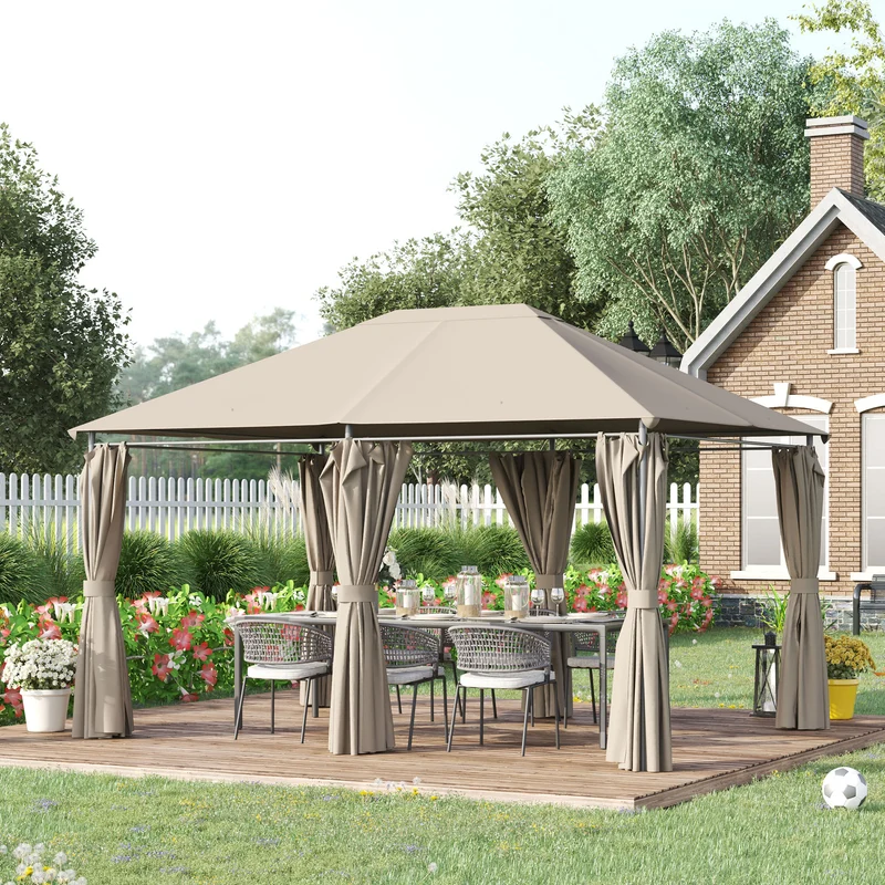 Outsunny Cenador de Jardín 4x3 m Pabellón de Exterior con 6 Paredes Laterales 8 Orificios de Drenaje y Marco de Acero Gazebo para Fiestas Patio Terraza Caqui