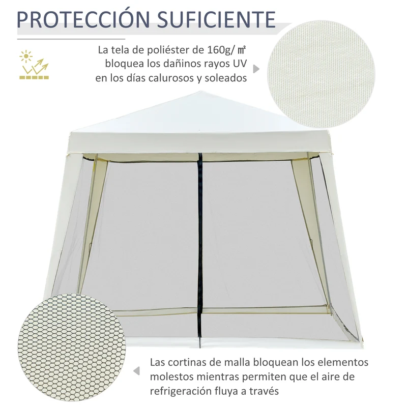 Outsunny Carpa de Jardín 3x3 m Cenador con 4 Partes Laterales Mosquitera con Cremallera Protección UV Impermeable para Patio Exterior Eventos Fiesta Beige