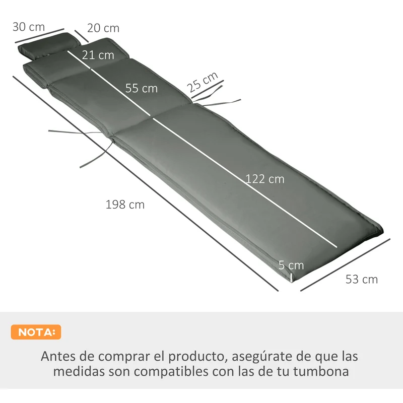 Outsunny Cojín para Tumbona de Exterior 198x53x5 cm Desenfundable y Lavable con Reposacabezas Extraíble Colchoneta Plegable de Algodón para Silla Reclinable de Jardín Gris