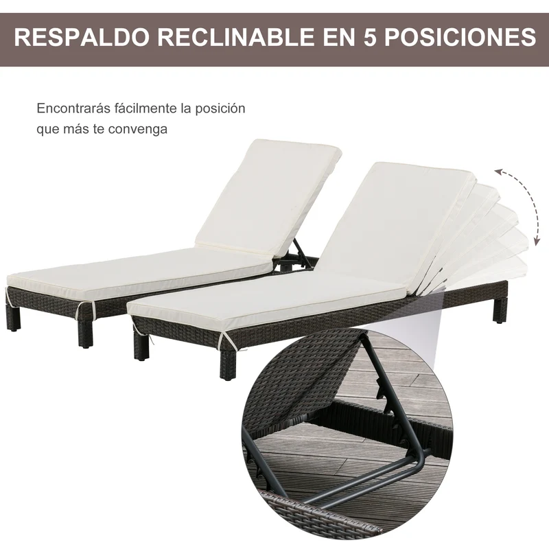Outsunny Set de 2 Tumbonas de Ratán Chaise Longue con Cojines Acolchados Cubierta Impermeable Silla para Exterior Jardín Patio Terraza