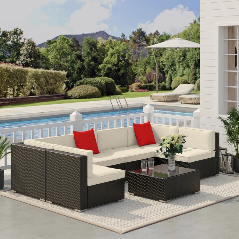 Outsunny Conjunto Muebles de Jardín Ratán 7 Piezas Set de Sofás Patio con 1 Mesita Almohada y Cojín Incluido Marco Acero Resistente Intemperie UV para Exterior Marrón