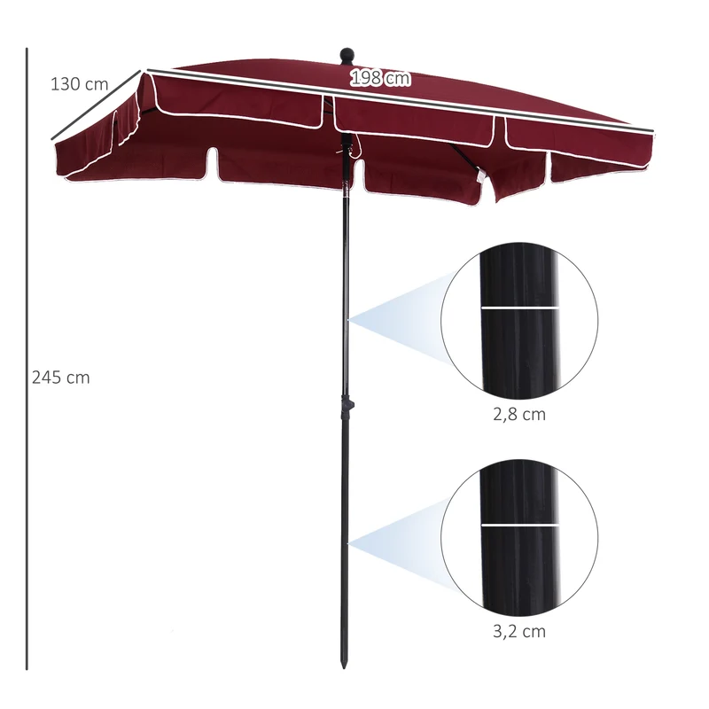 Outsunny Sombrilla de Jardín de Aluminio 198x130x245 cm Parasol de Jardín Rectangular con Función de Inclinación para Terraza Patio Exterior Rojo Vino