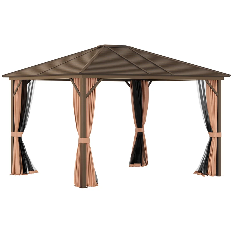 Outsunny Cenador de Jardín 300x365 cm Marco de Aluminio con Cortinas de Doble Capa y Techo Metálico para Reunión Familar Fiestas Bodas Negro y Marrón