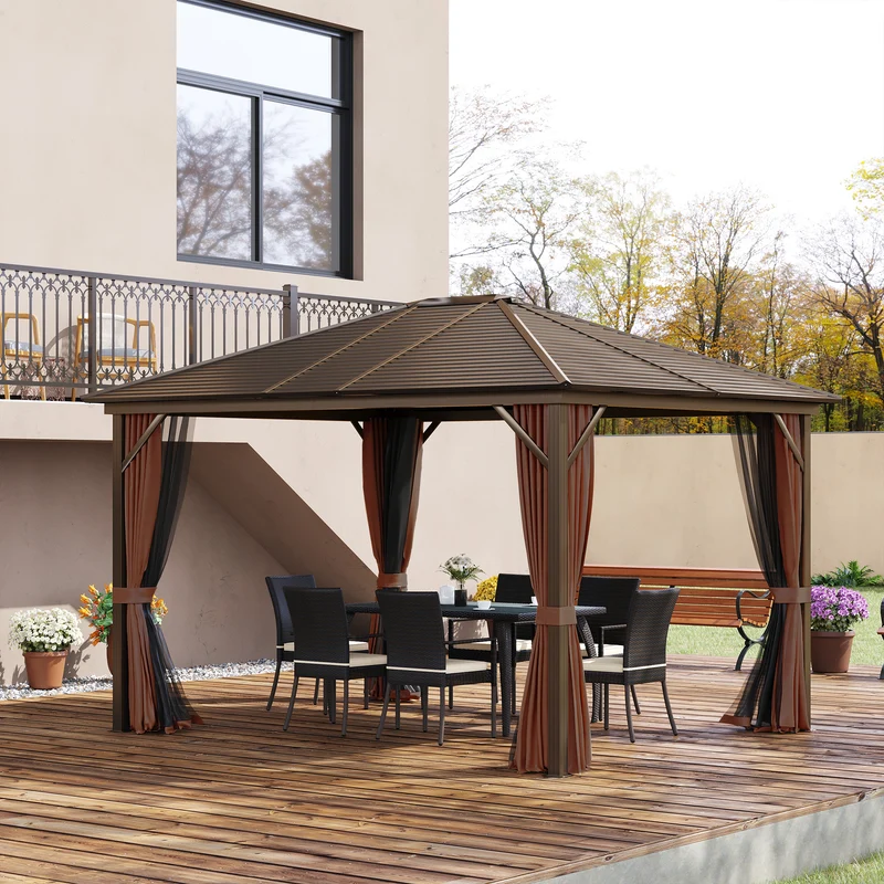 Outsunny Cenador de Jardín 300x365 cm Marco de Aluminio con Cortinas de Doble Capa y Techo Metálico para Reunión Familar Fiestas Bodas Negro y Marrón