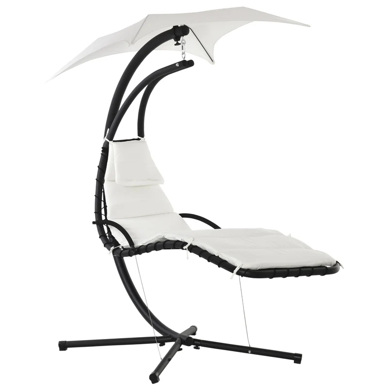 Outsunny Silla Colgante con Soporte Sillón Colgante con Toldo Cojín Estructura Metálica Antivuelco Carga 120 kg para Jardín Patio Terraza 190x110x190 cm Crema