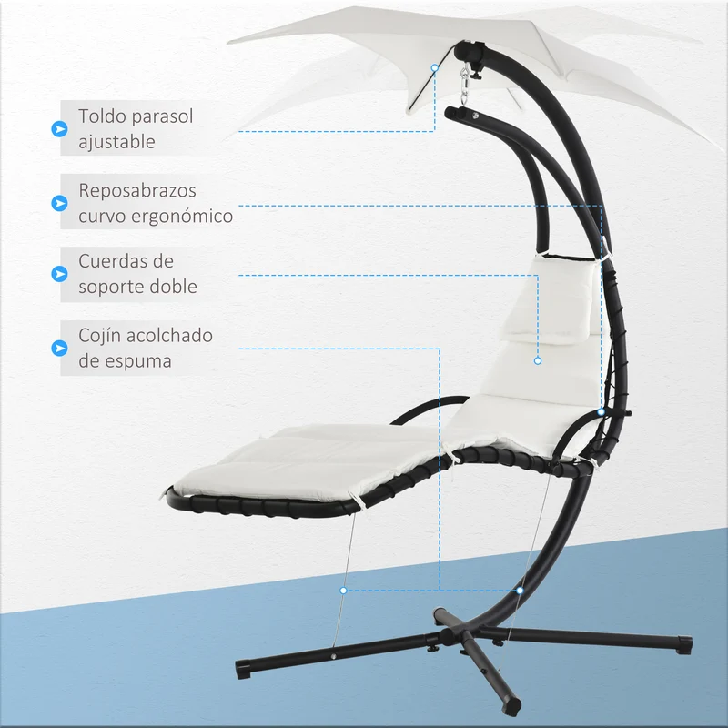 Outsunny Silla Colgante con Soporte Sillón Colgante con Toldo Cojín Estructura Metálica Antivuelco Carga 120 kg para Jardín Patio Terraza 190x110x190 cm Crema