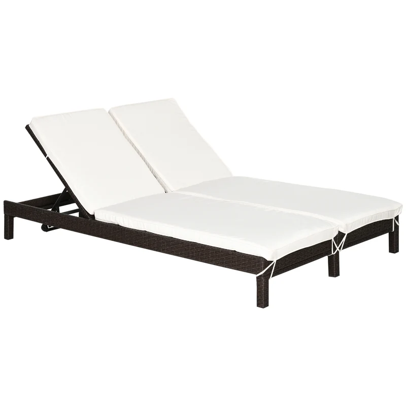 Outsunny Conjunto de Tumbona Exterior de Ratán 2 Plazas con Cojines Acolchados Resistente al Agua con Respaldo Regulable de 5 Niveles Soporta 220 kg 195x120x28 cm Marrón