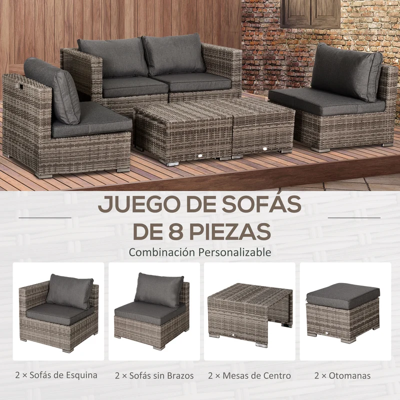 Outsunny Conjunto de Muebles de Jardín 8 Piezas de Ratán Convertible con 2 Mesas de Centro 2 Sofás esquineros 2 Sillones 2 Taburetes con Cojines para Patio Porche Terraza Gris