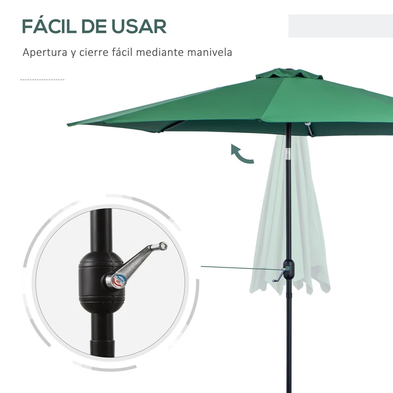 Outsunny Sombrilla de Jardín Ø295x250 cm con Manivela Parasol Exterior con Mecanismo de Inclinación y Poste Desmontable de Metal para Terraza Piscina Patio Verde