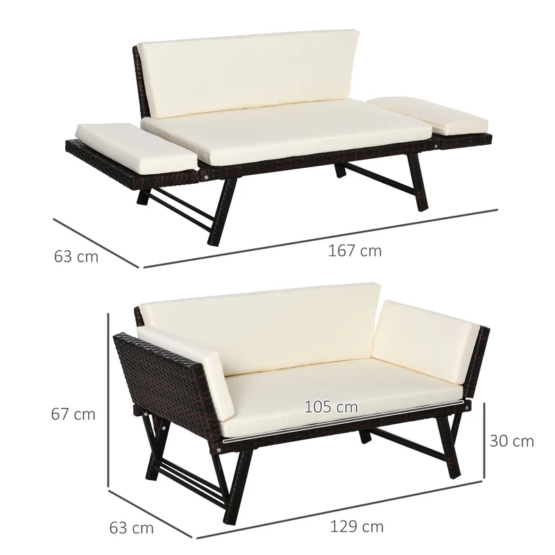 Outsunny Sofá de Ratán de 2 Plazas Convertible en Cama Individual con Reposabrazos Abatibles y Cojines Acolchados Sofá Doble para Exterior Jardín Patio Terraza 129x63x67 cm Beige