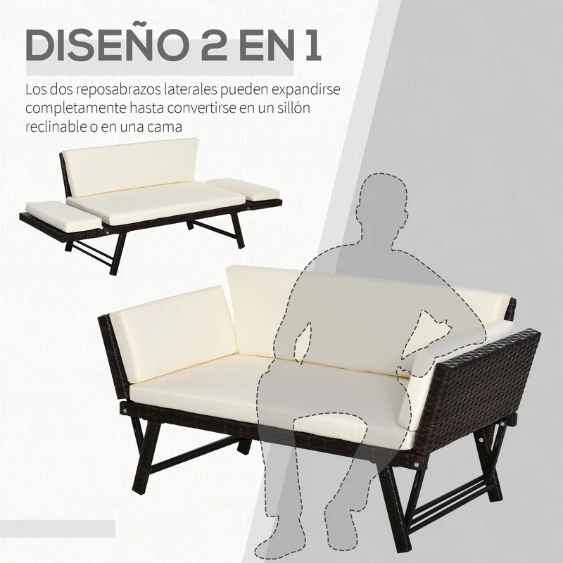 Outsunny Sofá de Ratán de 2 Plazas Convertible en Cama Individual con Reposabrazos Abatibles y Cojines Acolchados Sofá Doble para Exterior Jardín Patio Terraza 129x63x67 cm Beige