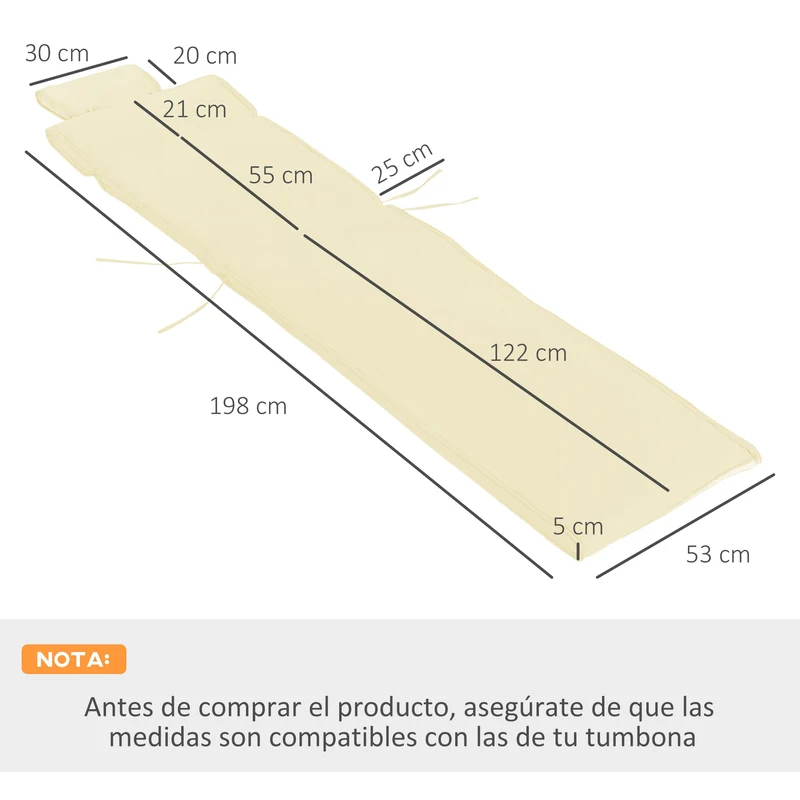 Outsunny Cojín para Tumbona de Exterior 198x53x5 cm Desenfundable y Lavable con Reposacabezas Extraíble Colchoneta Plegable de Algodón para Silla Reclinable de Jardín Crema