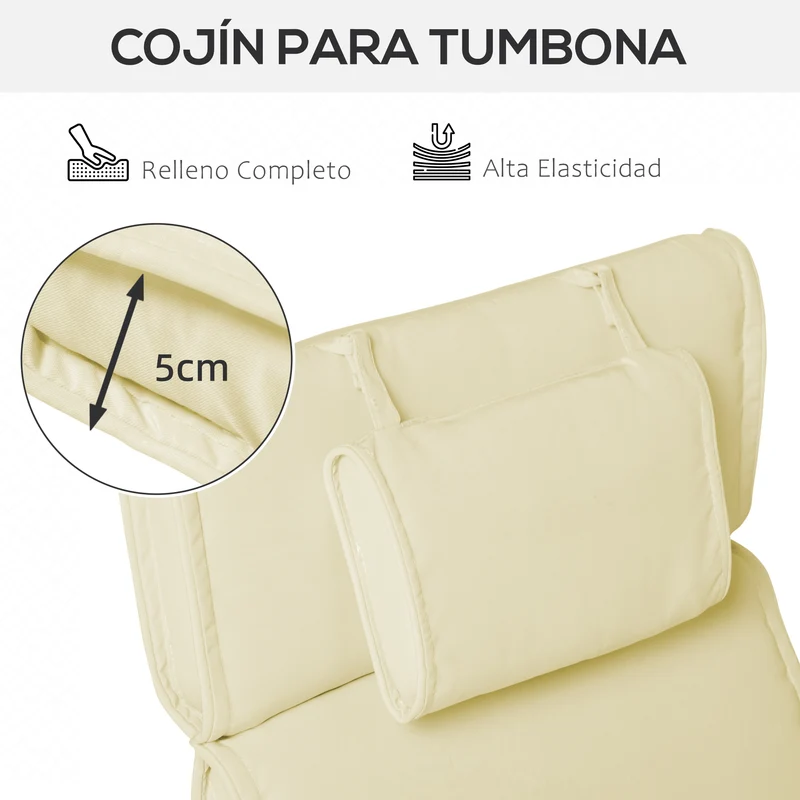Outsunny Cojín para Tumbona de Exterior 198x53x5 cm Desenfundable y Lavable con Reposacabezas Extraíble Colchoneta Plegable de Algodón para Silla Reclinable de Jardín Crema