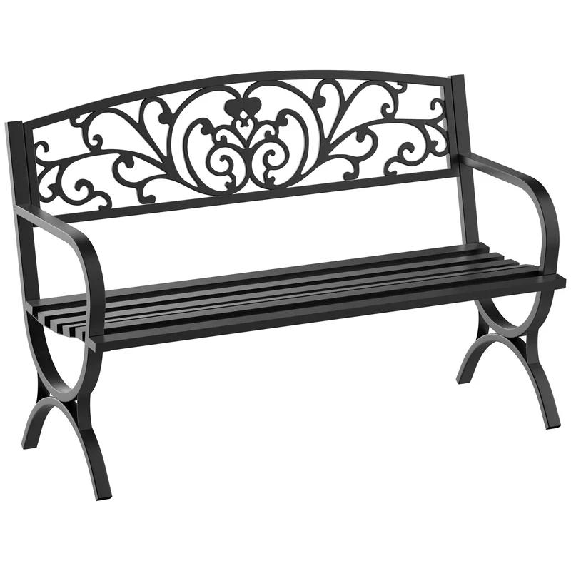 Outsunny Banco de Jardín de 2 Plazas Banco de Terraza de Hierro con Diseño Clásico Patrón Floral 127x60x85cm Negro