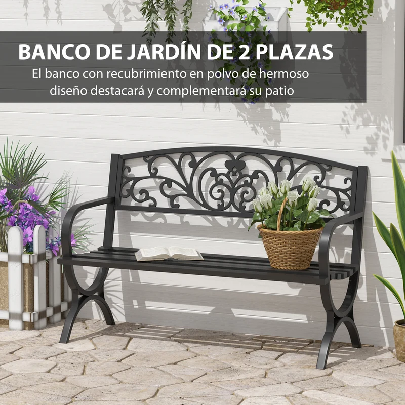 Outsunny Banco de Jardín de 2 Plazas Banco de Terraza de Hierro con Diseño Clásico Patrón Floral 127x60x85cm Negro