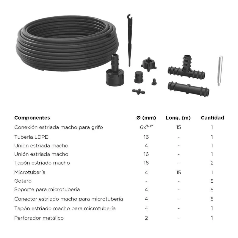 Riego Goteo 16mmx15mt Con Accesorios