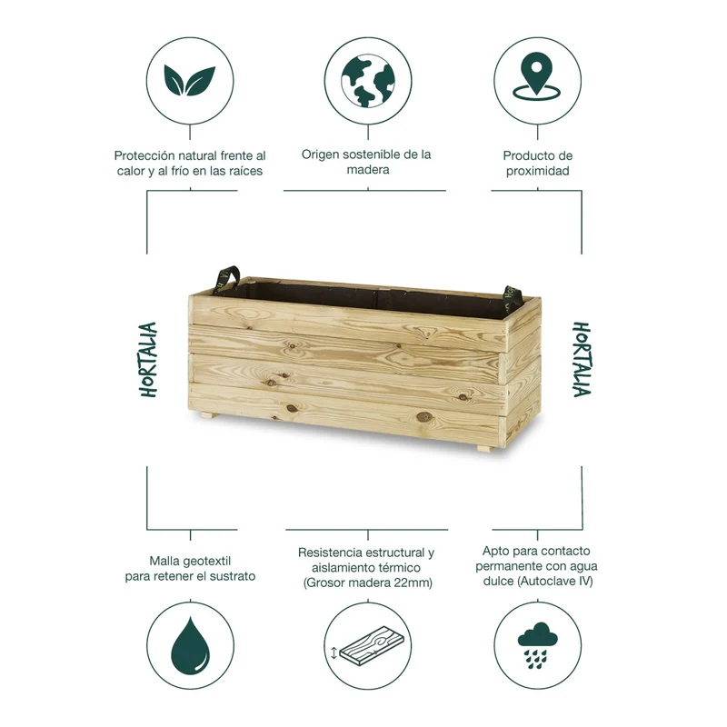 Jardinera Rectangular De Madera Tratada 100x40x40 Cm Ghio Hortalia