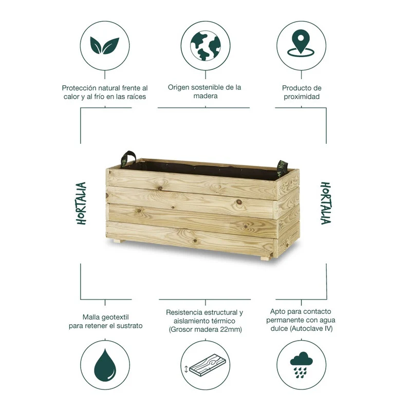 Jardinera Rectangular De Madera Tratada 90x40x40 Cm Ghio Hortalia