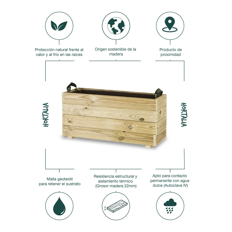 Jardinera Rectangular De Madera Tratada 80x30x40 Cm Ghio Hortalia