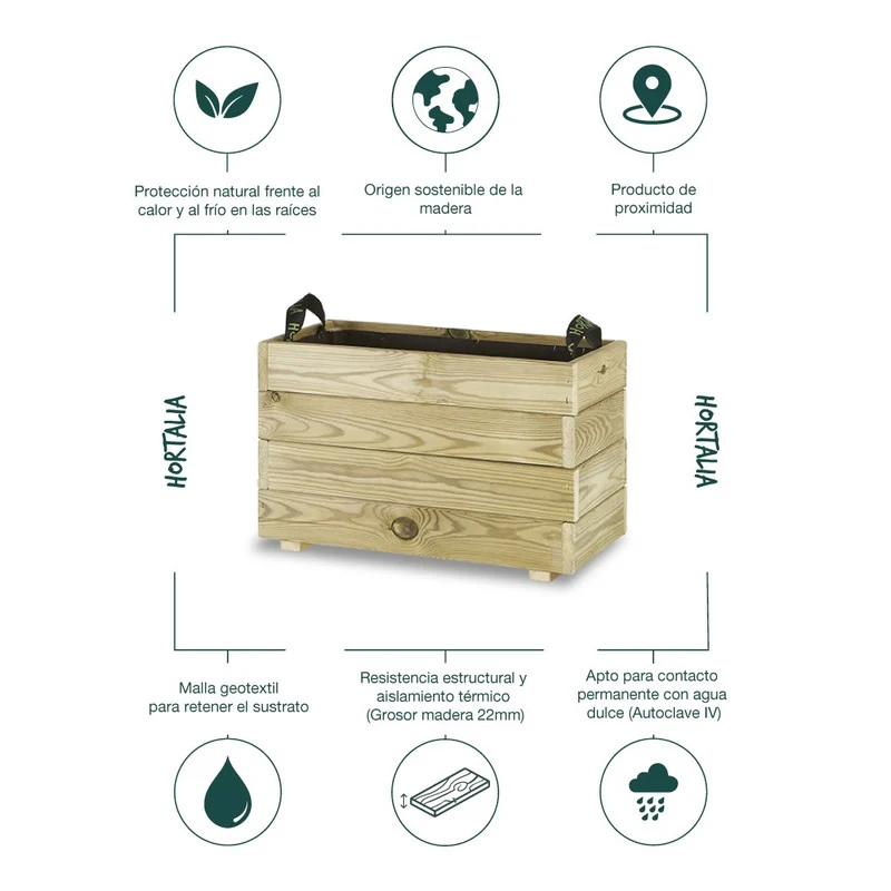 Jardinera Rectangular De Madera Tratada 60x30x40 Cm Ghio Hortalia
