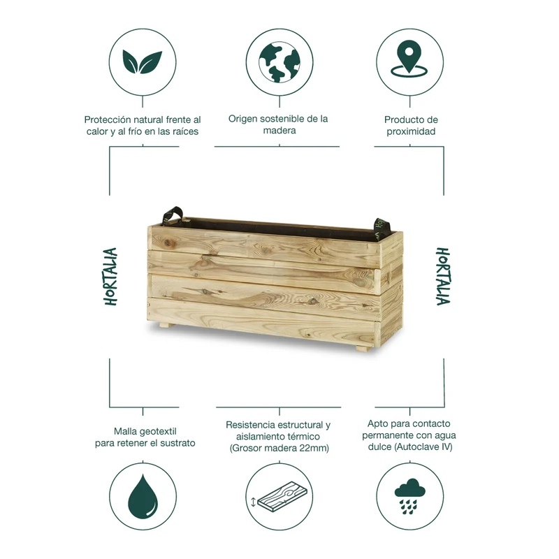 Jardinera Rectangular De Madera Tratada 90x30x40 Cm Ghio Hortalia