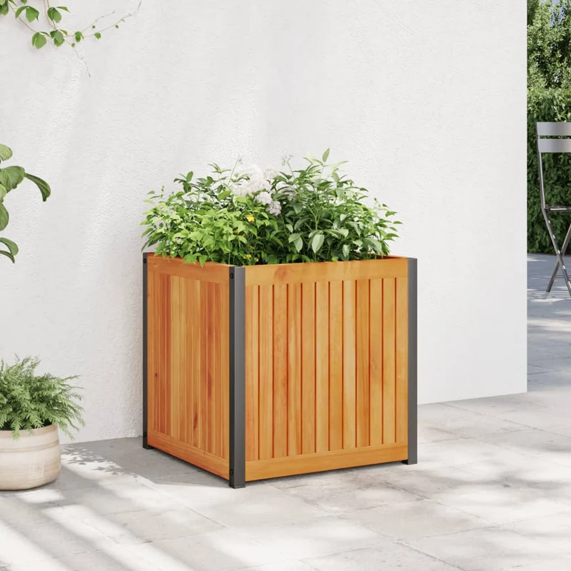 Jardinera De Madera Maciza De Acacia Y Acero 45x45x44 Cm