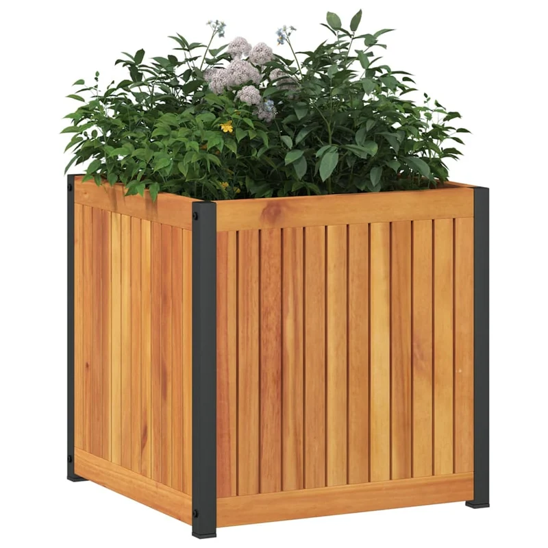 Jardinera De Madera Maciza De Acacia Y Acero 45x45x44 Cm