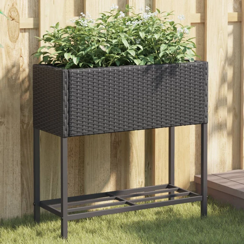 Jardinera Con Estante Ratán Sintético Negro