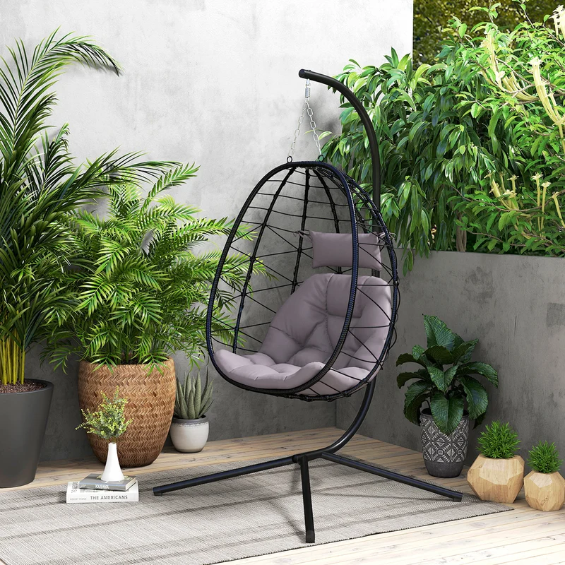 Outsunny Silla Colgante Huevo Con Soporte Con Cesta Plegable Cojín Gris