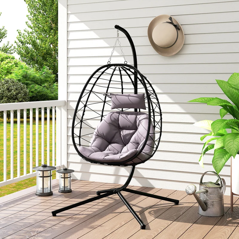 Outsunny Silla Colgante Huevo Con Soporte Con Cesta Plegable Cojín Gris