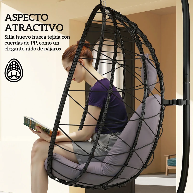 Outsunny Silla Colgante Huevo Con Soporte Con Cesta Plegable Cojín Gris