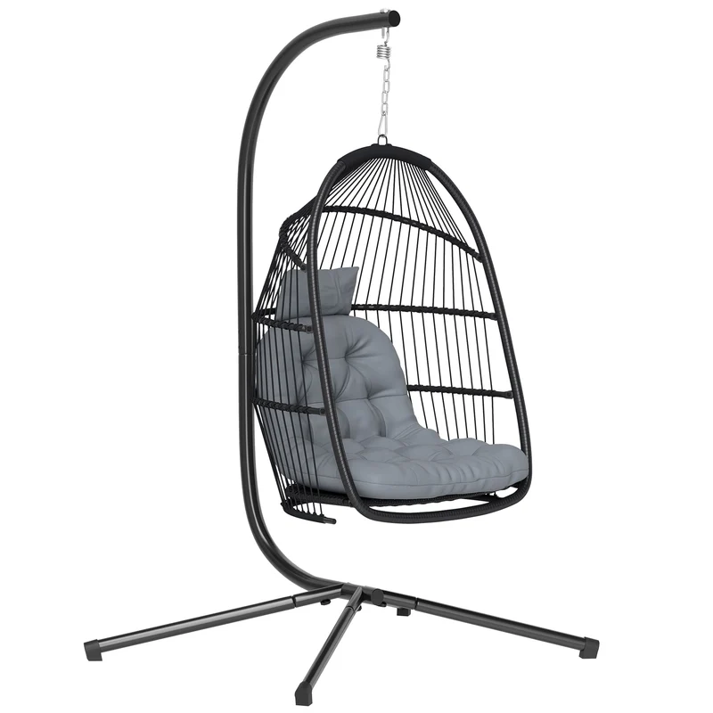 Outsunny Silla Colgante Huevo Con Soporte Cesta Plegable Cojín Gris Oscuro