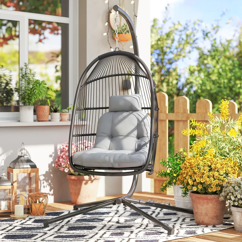 Outsunny Silla Colgante Huevo Con Soporte Cesta Plegable Cojín Gris Oscuro