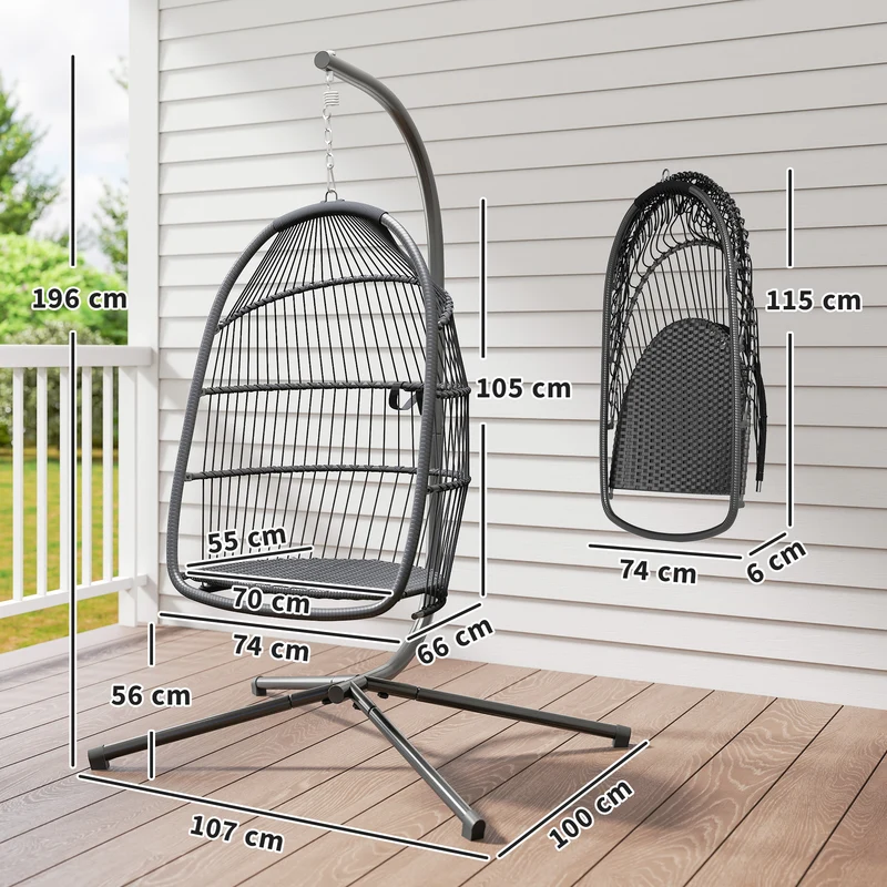 Outsunny Silla Colgante Huevo Con Soporte Cesta Plegable Cojín Gris Oscuro