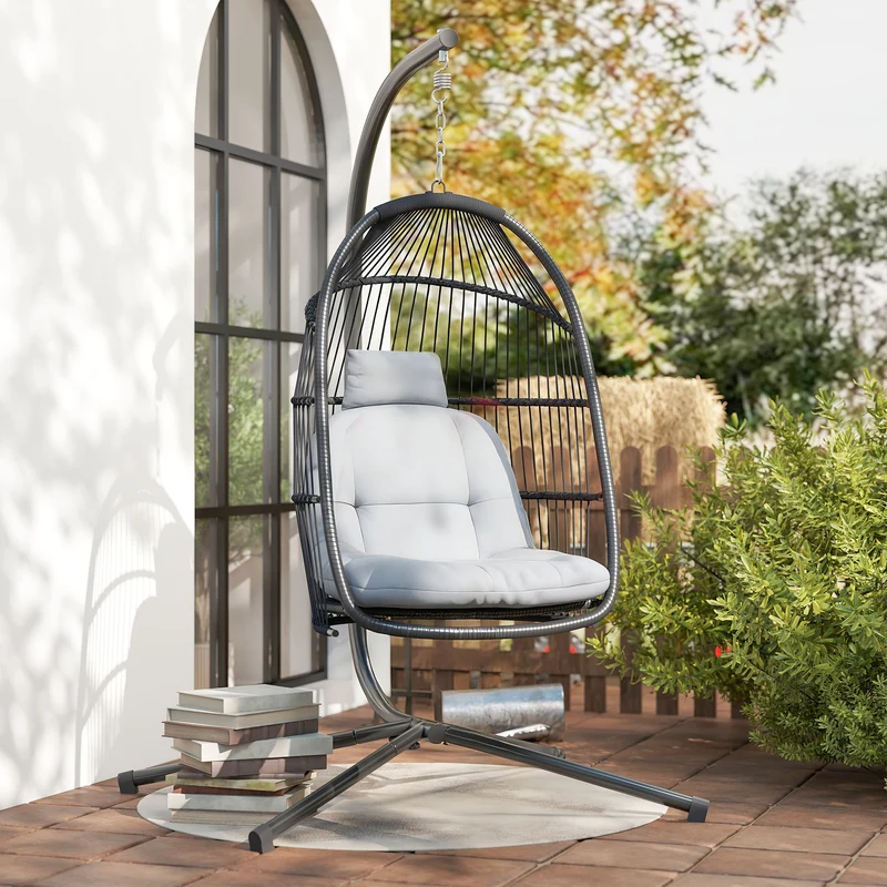 Outsunny Silla Colgante Huevo Con Soporte Cesta Plegable Cojín Gris Oscuro