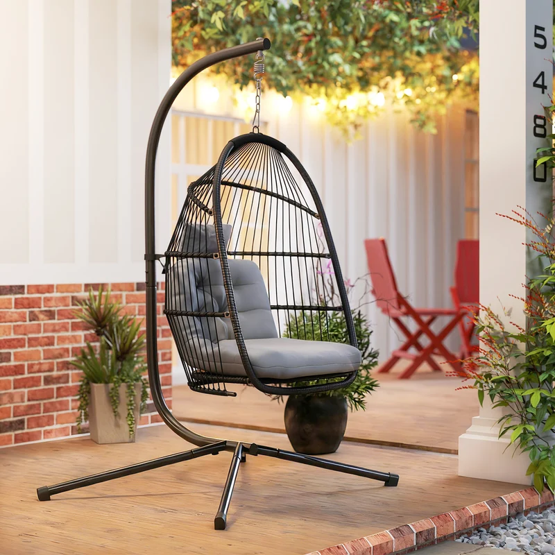 Outsunny Silla Colgante Huevo Con Soporte Cesta Plegable Cojín Gris Oscuro