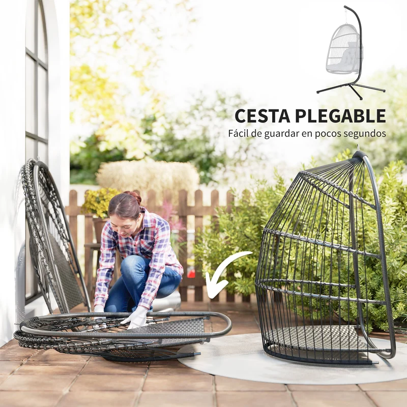 Outsunny Silla Colgante Huevo Con Soporte Cesta Plegable Cojín Gris Oscuro