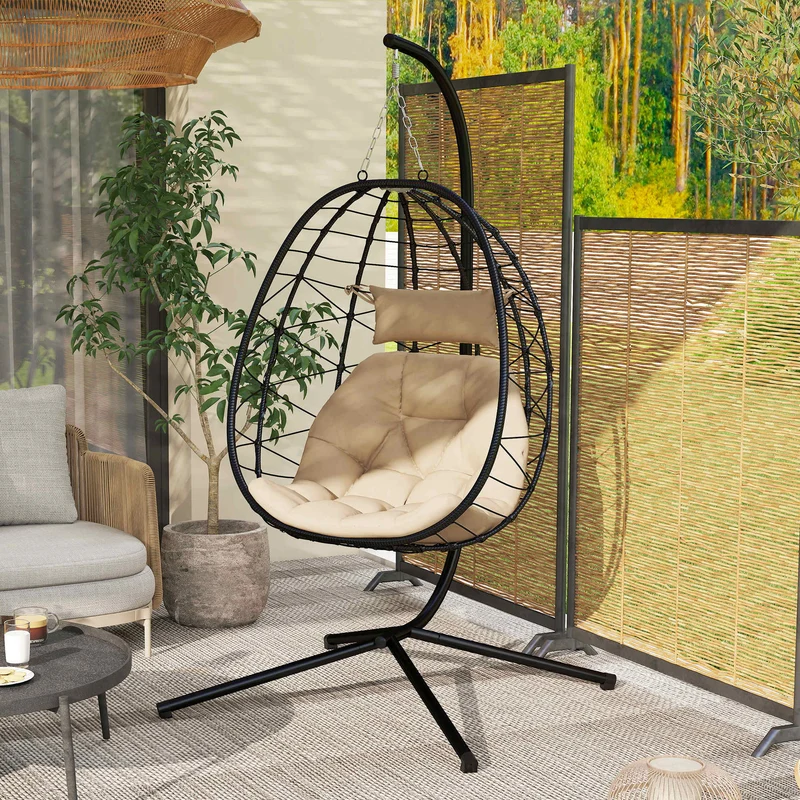 Outsunny Silla Colgante Huevo Con Soporte Con Cesta Plegable Cojín Caqui