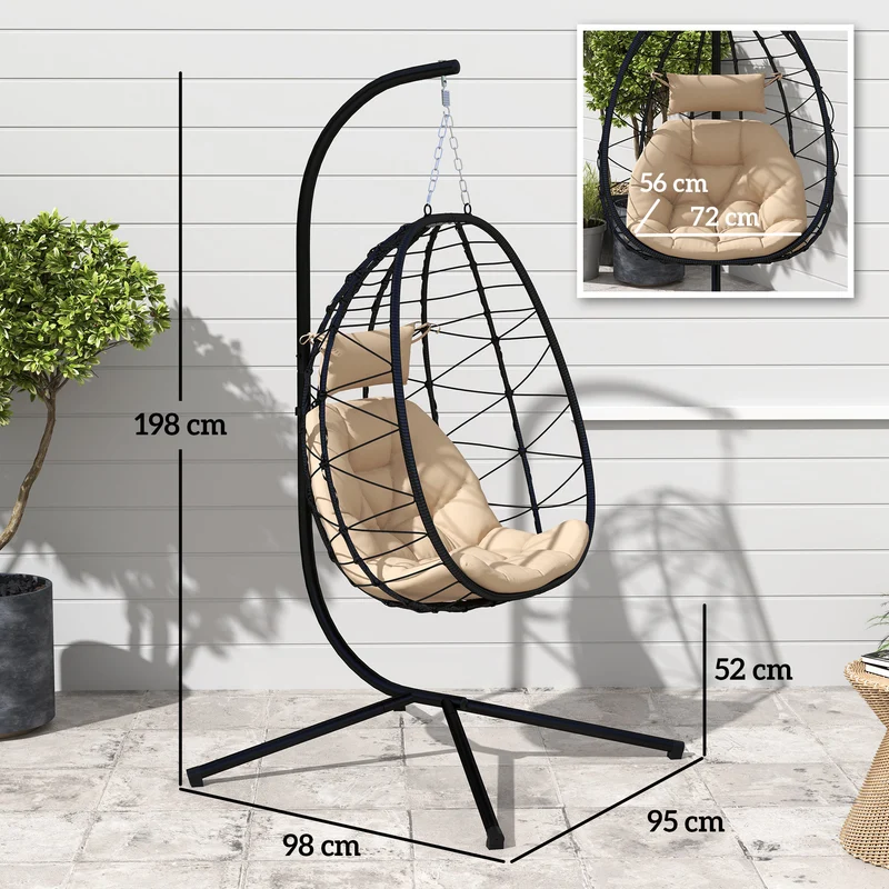 Outsunny Silla Colgante Huevo Con Soporte Con Cesta Plegable Cojín Caqui