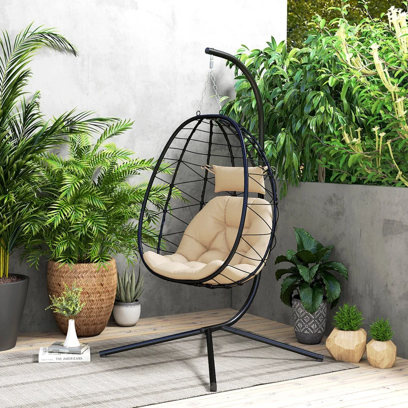 Outsunny Silla Colgante Huevo Con Soporte Con Cesta Plegable Cojín Caqui
