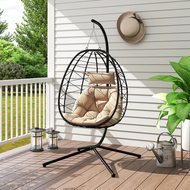 Outsunny Silla Colgante Huevo Con Soporte Con Cesta Plegable Cojín Caqui
