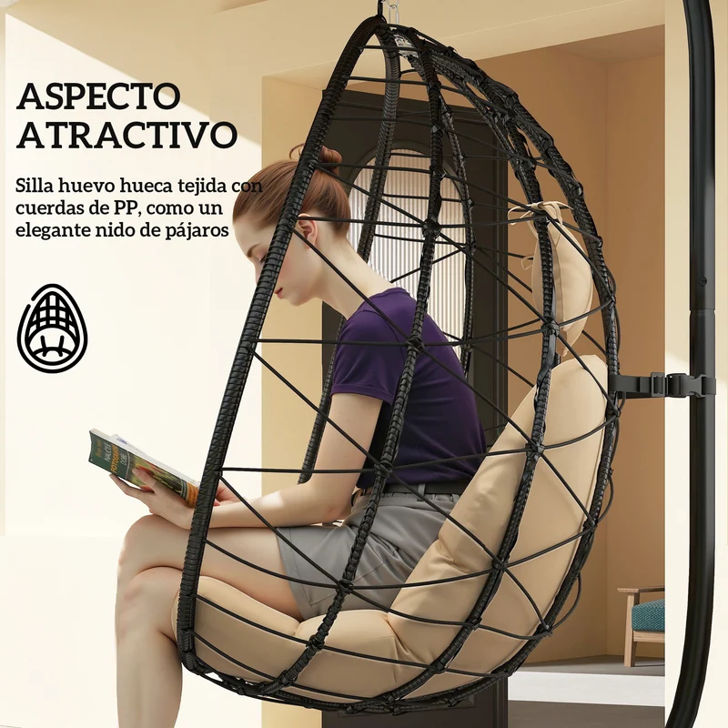 Outsunny Silla Colgante Huevo Con Soporte Con Cesta Plegable Cojín Caqui