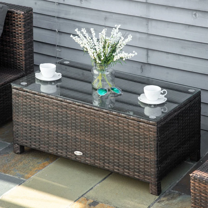 Outsunny Mesa De Jardín De Ratán Sintético Con Vidrio Templado 85x50x39cm Marrón