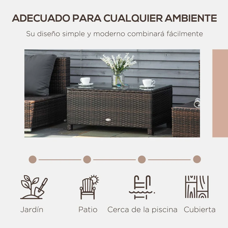 Outsunny Mesa De Jardín De Ratán Sintético Con Vidrio Templado 85x50x39cm Marrón