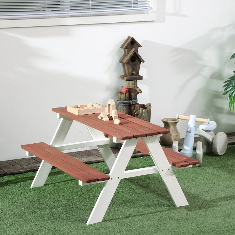 Outsunny Juego De Mesa Y 2 Bancos Infantiles De Madera 89x79x50 Cm Marrón