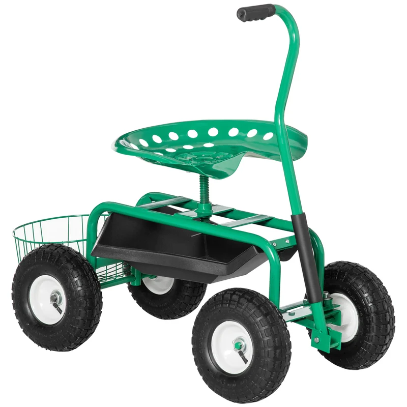 Asiento De Jardín Con Ruedas Bandeja De Herramientas Cesta Para Exterior Verde