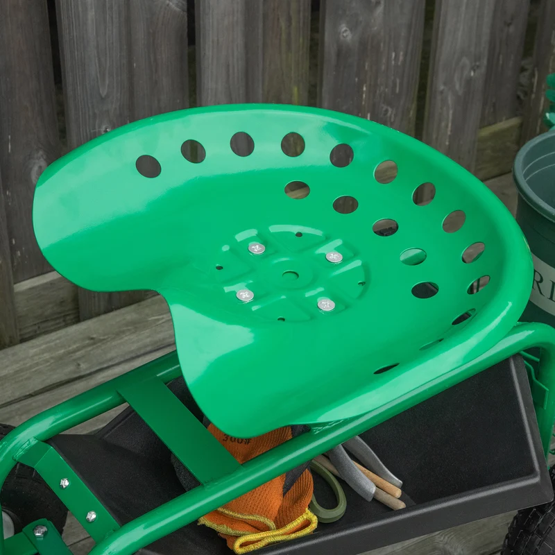 Asiento De Jardín Con Ruedas Bandeja De Herramientas Cesta Para Exterior Verde