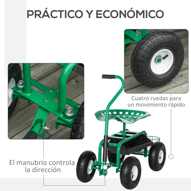 Asiento De Jardín Con Ruedas Bandeja De Herramientas Cesta Para Exterior Verde