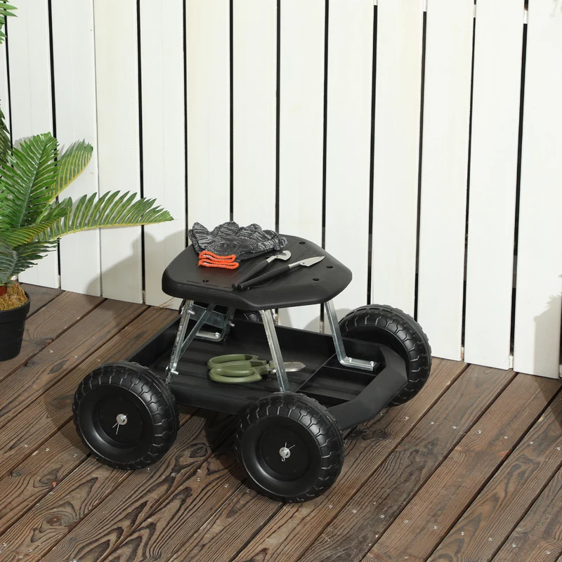 Asiento De Jardín Con Ruedas Con Bandeja De Herramientas Para Exterior Negro