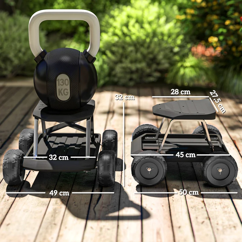 Asiento De Jardín Con Ruedas Con Bandeja De Herramientas Para Exterior Negro
